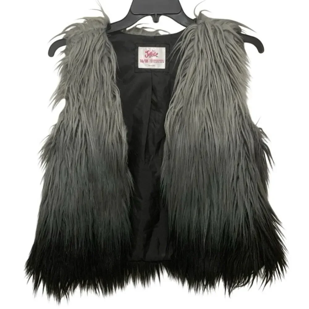 Justice Girls 16/18 Gray Black Ombre Shaggy Faux Fur Vest Y2K Glam Style NWOT